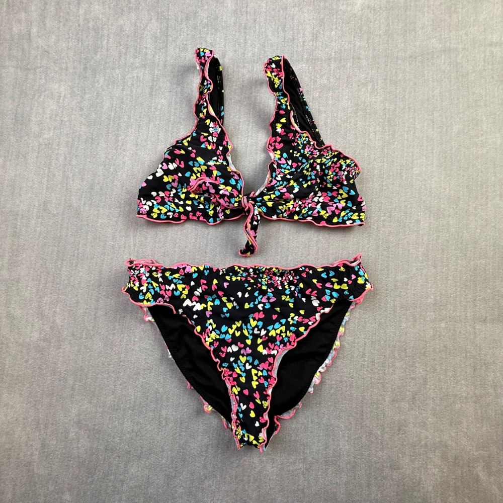 Hobie Girls Neon Heart Print Bikini Set Black Pink Ruffle Trim 2-Piece Swimsuit